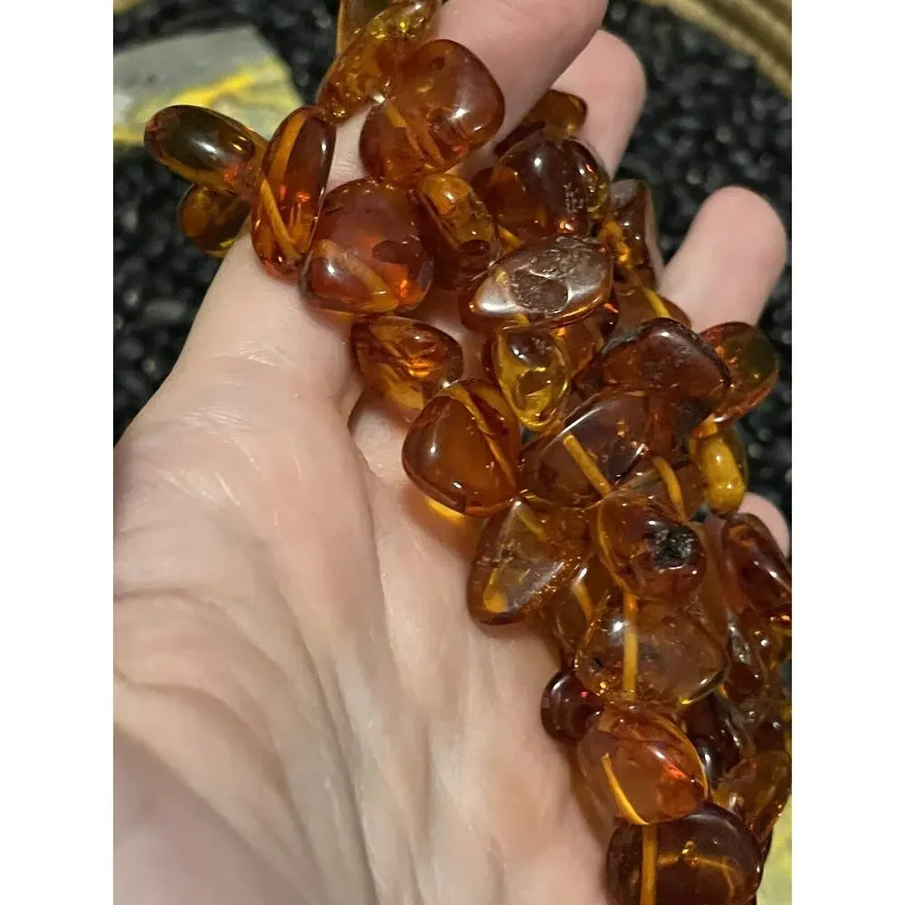 Vintage Honey Amber Baltic Sea~Nuggets Chips Necklace Scroll Close~24”